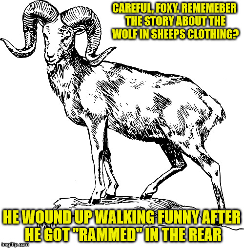CAREFUL, FOXY. REMEMEBER THE STORY ABOUT THE WOLF IN SHEEPS CLOTHING? HE WOUND UP WALKING FUNNY AFTER HE GOT "RAMMED" IN THE REAR | made w/ Imgflip meme maker