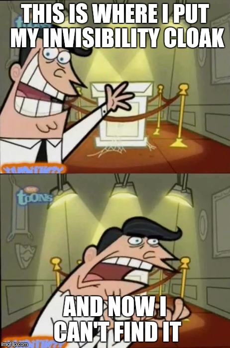 I can't see where I left it | THIS IS WHERE I PUT MY INVISIBILITY CLOAK; AND NOW I CAN'T FIND IT | image tagged in the fairly oddparents,invisibility | made w/ Imgflip meme maker