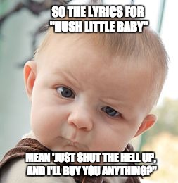 Skeptical Baby Meme | SO THE LYRICS FOR "HUSH LITTLE BABY"; MEAN 'JUST SHUT THE HELL UP, AND I'LL BUY YOU ANYTHING?" | image tagged in memes,skeptical baby | made w/ Imgflip meme maker