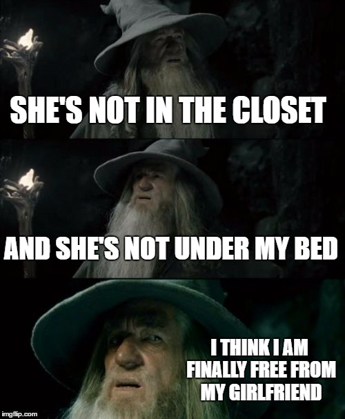Confused Gandalf | SHE'S NOT IN THE CLOSET; AND SHE'S NOT UNDER MY BED; I THINK I AM FINALLY FREE FROM MY GIRLFRIEND | image tagged in memes,confused gandalf | made w/ Imgflip meme maker