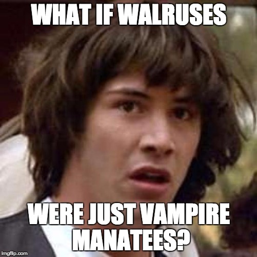 Conspiracy Keanu Meme | WHAT IF WALRUSES; WERE JUST VAMPIRE MANATEES? | image tagged in memes,conspiracy keanu | made w/ Imgflip meme maker