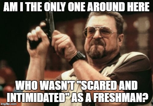 Am I The Only One Around Here Meme | AM I THE ONLY ONE AROUND HERE; WHO WASN'T "SCARED AND INTIMIDATED" AS A FRESHMAN? | image tagged in memes,am i the only one around here,AdviceAnimals | made w/ Imgflip meme maker