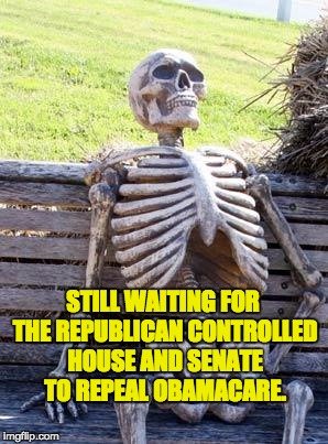 Waiting Skeleton Meme | STILL WAITING FOR THE REPUBLICAN CONTROLLED HOUSE AND SENATE TO REPEAL OBAMACARE. | image tagged in memes,waiting skeleton | made w/ Imgflip meme maker