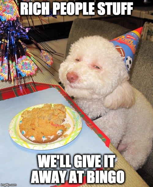 Birthday Dog | RICH PEOPLE STUFF; WE'LL GIVE IT AWAY AT BINGO | image tagged in birthday dog | made w/ Imgflip meme maker