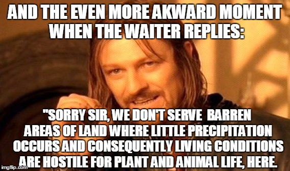 One Does Not Simply Meme | AND THE EVEN MORE AKWARD MOMENT WHEN THE WAITER REPLIES: "SORRY SIR, WE DON'T SERVE  BARREN AREAS OF LAND WHERE LITTLE PRECIPITATION OCCURS  | image tagged in memes,one does not simply | made w/ Imgflip meme maker