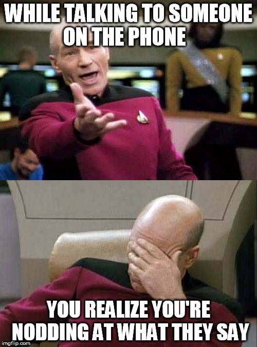 I'm guilty of this, but I still pay attention  to what is around me when I'm on the phone! | WHILE TALKING TO SOMEONE ON THE PHONE; YOU REALIZE YOU'RE NODDING AT WHAT THEY SAY | image tagged in picard wtf and facepalm combined,funny,meme,phone | made w/ Imgflip meme maker