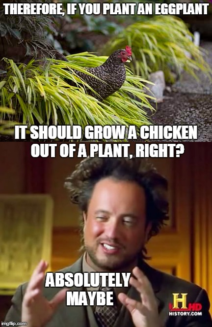 THEREFORE, IF YOU PLANT AN EGGPLANT ABSOLUTELY MAYBE IT SHOULD GROW A CHICKEN OUT OF A PLANT, RIGHT? | made w/ Imgflip meme maker