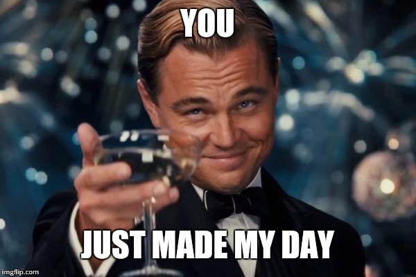 Leonardo Dicaprio Cheers Meme | YOU JUST MADE MY DAY | image tagged in memes,leonardo dicaprio cheers | made w/ Imgflip meme maker