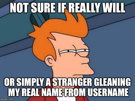 Futurama Fry Meme | NOT SURE IF REALLY WILL; OR SIMPLY A STRANGER GLEANING MY REAL NAME FROM USERNAME | image tagged in memes,futurama fry | made w/ Imgflip meme maker