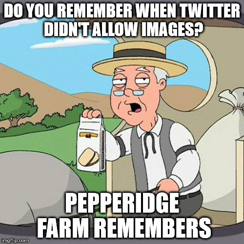 Pepperidge Farm Remembers | DO YOU REMEMBER WHEN TWITTER DIDN'T ALLOW IMAGES? PEPPERIDGE FARM REMEMBERS | image tagged in memes,pepperidge farm remembers | made w/ Imgflip meme maker