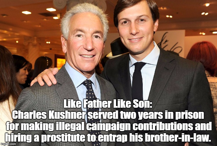 Jared Kushner: Like Father Like Son | Like Father Like Son:; Charles Kushner served two years in prison for making illegal campaign contributions and hiring a prostitute to entrap his brother-in-law. | image tagged in entrapment,prostitution,framing your own family,betrayal,felony runs in the family,lock 'em all up | made w/ Imgflip meme maker