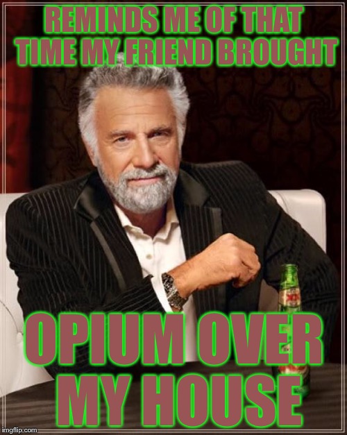 The Most Interesting Man In The World Meme | REMINDS ME OF THAT TIME MY FRIEND BROUGHT OPIUM OVER MY HOUSE | image tagged in memes,the most interesting man in the world | made w/ Imgflip meme maker