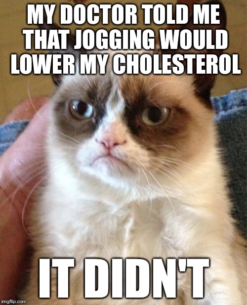Grumpy Cat Meme | MY DOCTOR TOLD ME THAT JOGGING WOULD LOWER MY CHOLESTEROL IT DIDN'T | image tagged in memes,grumpy cat | made w/ Imgflip meme maker