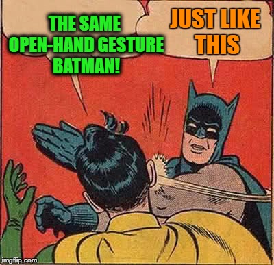 Batman Slapping Robin Meme | THE SAME OPEN-HAND GESTURE BATMAN! JUST LIKE THIS | image tagged in memes,batman slapping robin | made w/ Imgflip meme maker