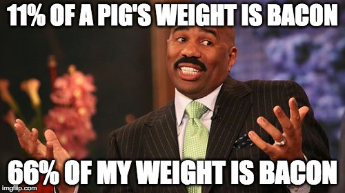 Bacon Week Math!! | 11% OF A PIG'S WEIGHT IS BACON; 66% OF MY WEIGHT IS BACON | image tagged in memes,steve harvey,bacon week,iwanttobebacon,iwanttobebaconcom | made w/ Imgflip meme maker