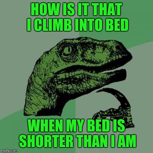 I just asked myself this question as I climbed into bed last night.  LOL | HOW IS IT THAT I CLIMB INTO BED; WHEN MY BED IS SHORTER THAN I AM | image tagged in memes,philosoraptor | made w/ Imgflip meme maker