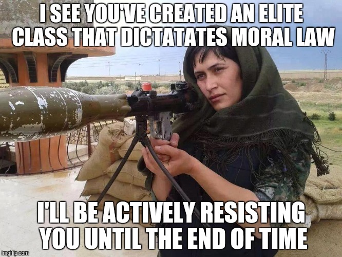 I SEE YOU'VE CREATED AN ELITE CLASS THAT DICTATATES MORAL LAW I'LL BE ACTIVELY RESISTING YOU UNTIL THE END OF TIME | made w/ Imgflip meme maker