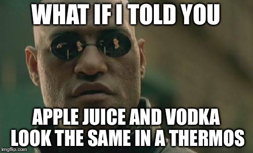 Matrix Morpheus Meme | WHAT IF I TOLD YOU; APPLE JUICE AND VODKA LOOK THE SAME IN A THERMOS | image tagged in memes,matrix morpheus | made w/ Imgflip meme maker
