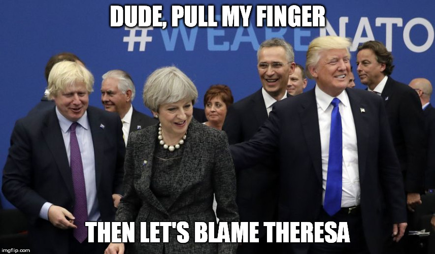 DUDE, PULL MY FINGER; THEN LET'S BLAME THERESA | image tagged in boss trump | made w/ Imgflip meme maker