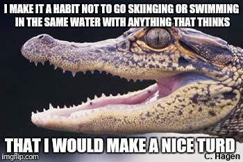 I MAKE IT A HABIT NOT TO GO SKIINGING OR SWIMMING IN THE SAME WATER WITH ANYTHING THAT THINKS; THAT I WOULD MAKE A NICE TURD | image tagged in funny,alligator,swimming | made w/ Imgflip meme maker