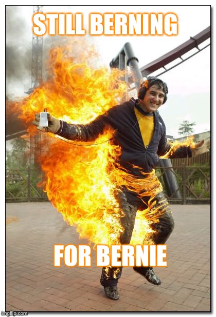 Berning  | STILL BERNING; FOR BERNIE | image tagged in on fire,bernie sanders | made w/ Imgflip meme maker
