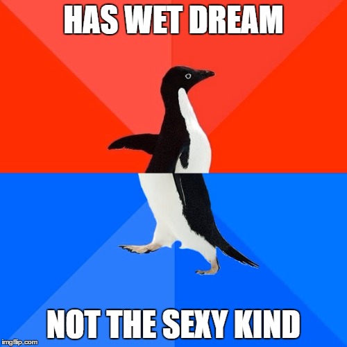 Socially Awesome Awkward Penguin Meme | HAS WET DREAM; NOT THE SEXY KIND | image tagged in memes,socially awesome awkward penguin | made w/ Imgflip meme maker
