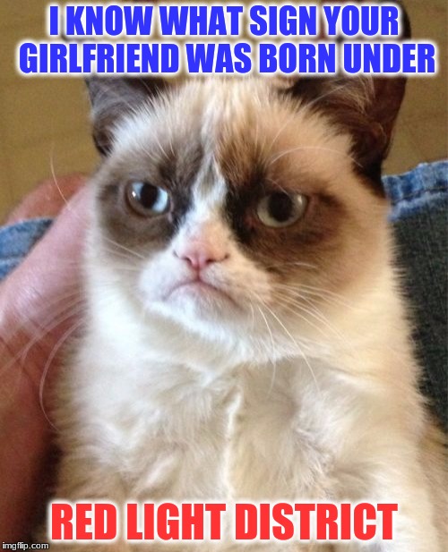Grumpy Cat Meme | I KNOW WHAT SIGN YOUR GIRLFRIEND WAS BORN UNDER; RED LIGHT DISTRICT | image tagged in memes,grumpy cat | made w/ Imgflip meme maker