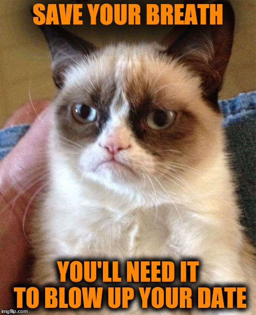 Grumpy Cat | SAVE YOUR BREATH; YOU'LL NEED IT TO BLOW UP YOUR DATE | image tagged in memes,grumpy cat | made w/ Imgflip meme maker
