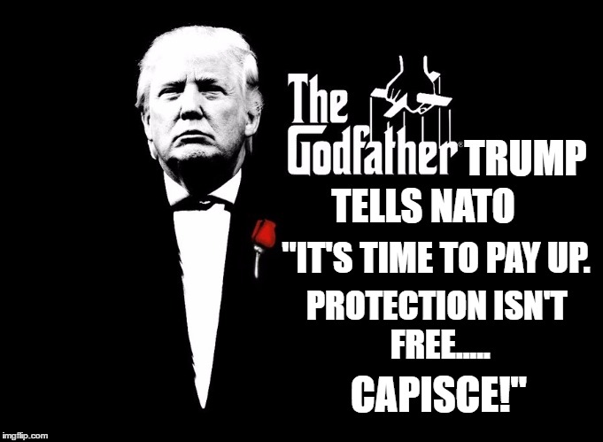 President Trump, NATO's Godfather, gives a message to NATO's member nations |  TRUMP; TELLS NATO; "IT'S TIME TO PAY UP. PROTECTION ISN'T FREE..... CAPISCE!" | image tagged in donald trump approves,the godfather,election 2016 aftermath,europe,world peace,world news | made w/ Imgflip meme maker