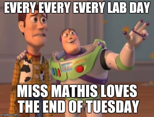 X, X Everywhere | EVERY EVERY EVERY LAB DAY; MISS MATHIS LOVES THE END OF TUESDAY | image tagged in memes,x x everywhere | made w/ Imgflip meme maker