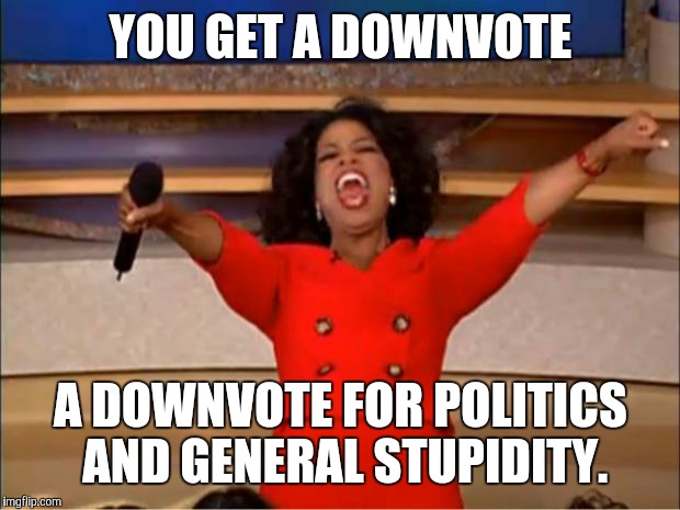 Oprah You Get A Meme | YOU GET A DOWNVOTE A DOWNVOTE FOR POLITICS AND GENERAL STUPIDITY. | image tagged in memes,oprah you get a | made w/ Imgflip meme maker