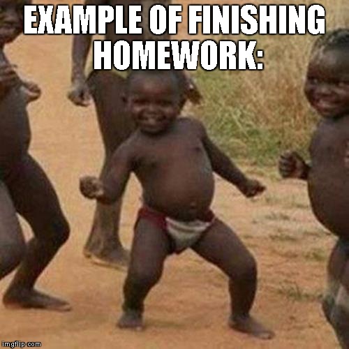 Third World Success Kid Meme | EXAMPLE OF FINISHING HOMEWORK: | image tagged in memes,third world success kid | made w/ Imgflip meme maker