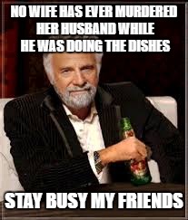 NO WIFE HAS EVER MURDERED HER HUSBAND WHILE HE WAS DOING THE DISHES; STAY BUSY MY FRIENDS | image tagged in the most interesting man in the world,murder,housework | made w/ Imgflip meme maker
