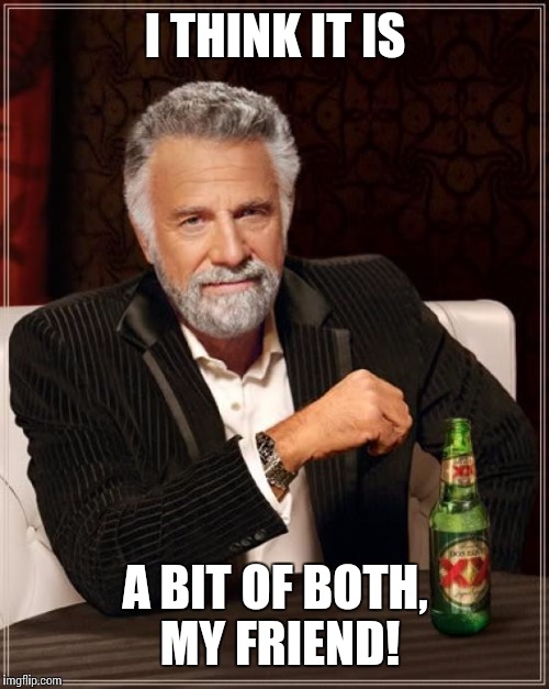 The Most Interesting Man In The World Meme | I THINK IT IS A BIT OF BOTH, MY FRIEND! | image tagged in memes,the most interesting man in the world | made w/ Imgflip meme maker