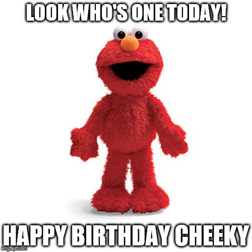 Elmo | LOOK WHO'S ONE TODAY! HAPPY BIRTHDAY CHEEKY | image tagged in elmo | made w/ Imgflip meme maker