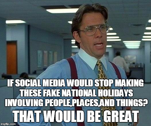 That Would Be Great | IF SOCIAL MEDIA WOULD STOP MAKING THESE FAKE NATIONAL HOLIDAYS INVOLVING PEOPLE,PLACES,AND THINGS? THAT WOULD BE GREAT | image tagged in memes,that would be great | made w/ Imgflip meme maker