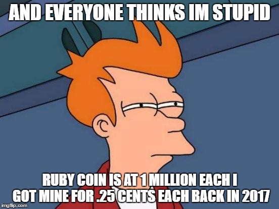 Futurama Fry | AND EVERYONE THINKS IM STUPID; RUBY COIN IS AT 1 MILLION EACH I GOT MINE FOR .25 CENTS EACH BACK IN 2017 | image tagged in memes,futurama fry | made w/ Imgflip meme maker