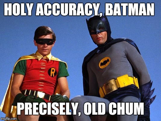 Batman Robin looking down | HOLY ACCURACY, BATMAN; PRECISELY, OLD CHUM | image tagged in batman robin looking down | made w/ Imgflip meme maker