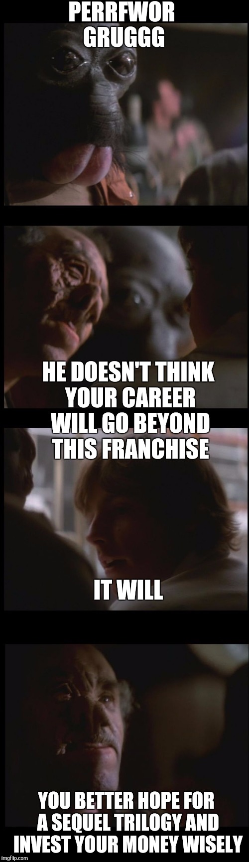 He Doesn't Like You Alternative | PERRFWOR GRUGGG; HE DOESN'T THINK YOUR CAREER WILL GO BEYOND THIS FRANCHISE; IT WILL; YOU BETTER HOPE FOR A SEQUEL TRILOGY AND INVEST YOUR MONEY WISELY | image tagged in he doesn't like you alternative,memes,star wars | made w/ Imgflip meme maker