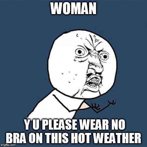 easier to see boobies  ^̮^ | WOMAN; Y U PLEASE WEAR NO BRA ON THIS HOT WEATHER | image tagged in memes,y u no | made w/ Imgflip meme maker