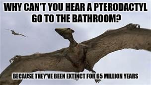 No, it's not because the pee is silent | WHY CAN'T YOU HEAR A PTERODACTYL GO TO THE BATHROOM? BECAUSE THEY'VE BEEN EXTINCT FOR 65 MILLION YEARS | image tagged in pterodactyls | made w/ Imgflip meme maker