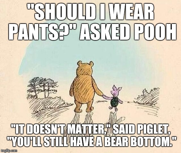Pooh and Piglet | "SHOULD I WEAR PANTS?" ASKED POOH; "IT DOESN'T MATTER," SAID PIGLET, "YOU'LL STILL HAVE A BEAR BOTTOM." | image tagged in pooh and piglet | made w/ Imgflip meme maker