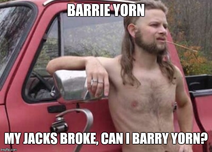 Redneck word of the day  | BARRIE YORN; MY JACKS BROKE, CAN I BARRY YORN? | image tagged in redneck word of the day | made w/ Imgflip meme maker