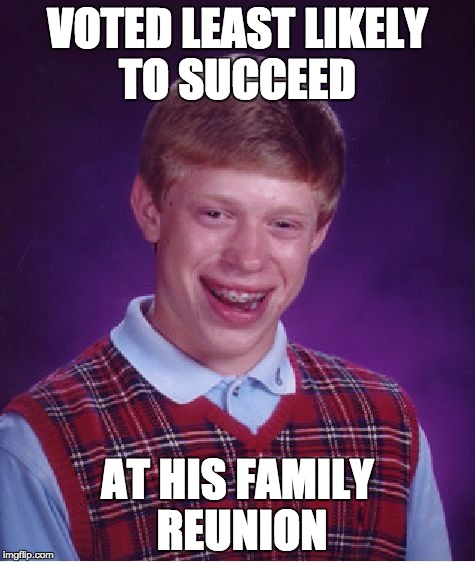 Bad Luck Brian | VOTED LEAST LIKELY TO SUCCEED; AT HIS FAMILY REUNION | image tagged in memes,bad luck brian | made w/ Imgflip meme maker