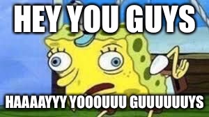 Mocking Spongebob | HEY YOU GUYS; HAAAAYYY YOOOUUU GUUUUUUYS | image tagged in spongebob mock | made w/ Imgflip meme maker