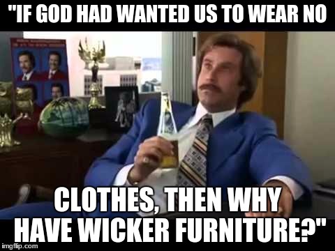Well That Escalated Quickly | "IF GOD HAD WANTED US TO WEAR NO; CLOTHES, THEN WHY HAVE WICKER FURNITURE?" | image tagged in memes,well that escalated quickly | made w/ Imgflip meme maker
