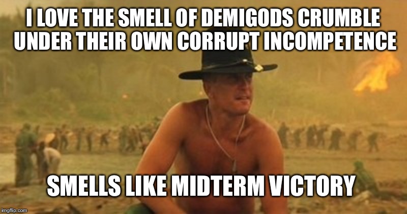 I LOVE THE SMELL OF DEMIGODS CRUMBLE UNDER THEIR OWN CORRUPT INCOMPETENCE SMELLS LIKE MIDTERM VICTORY | made w/ Imgflip meme maker