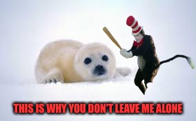 I was bored, so don't leave me like that | THIS IS WHY YOU DON'T LEAVE ME ALONE | image tagged in cat in the hat,baby seal,clubbing,animals | made w/ Imgflip meme maker