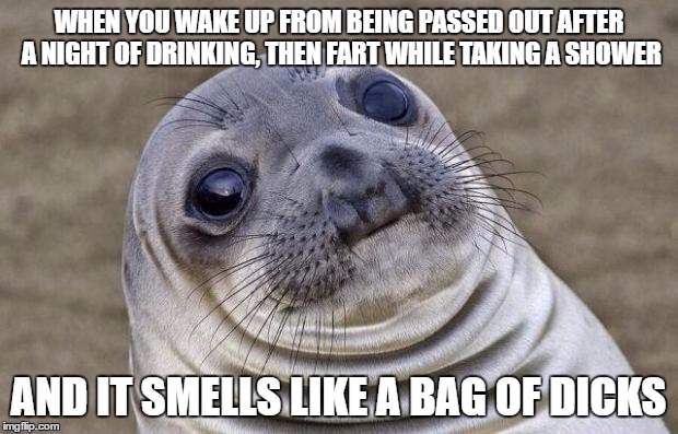 Awkward Moment Sealion | WHEN YOU WAKE UP FROM BEING PASSED OUT AFTER A NIGHT OF DRINKING, THEN FART WHILE TAKING A SHOWER; AND IT SMELLS LIKE A BAG OF DICKS | image tagged in memes,awkward moment sealion | made w/ Imgflip meme maker