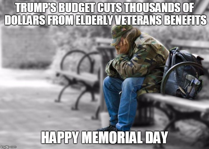 TRUMP'S BUDGET CUTS THOUSANDS OF DOLLARS FROM ELDERLY VETERANS BENEFITS; HAPPY MEMORIAL DAY | image tagged in trump,veterans | made w/ Imgflip meme maker